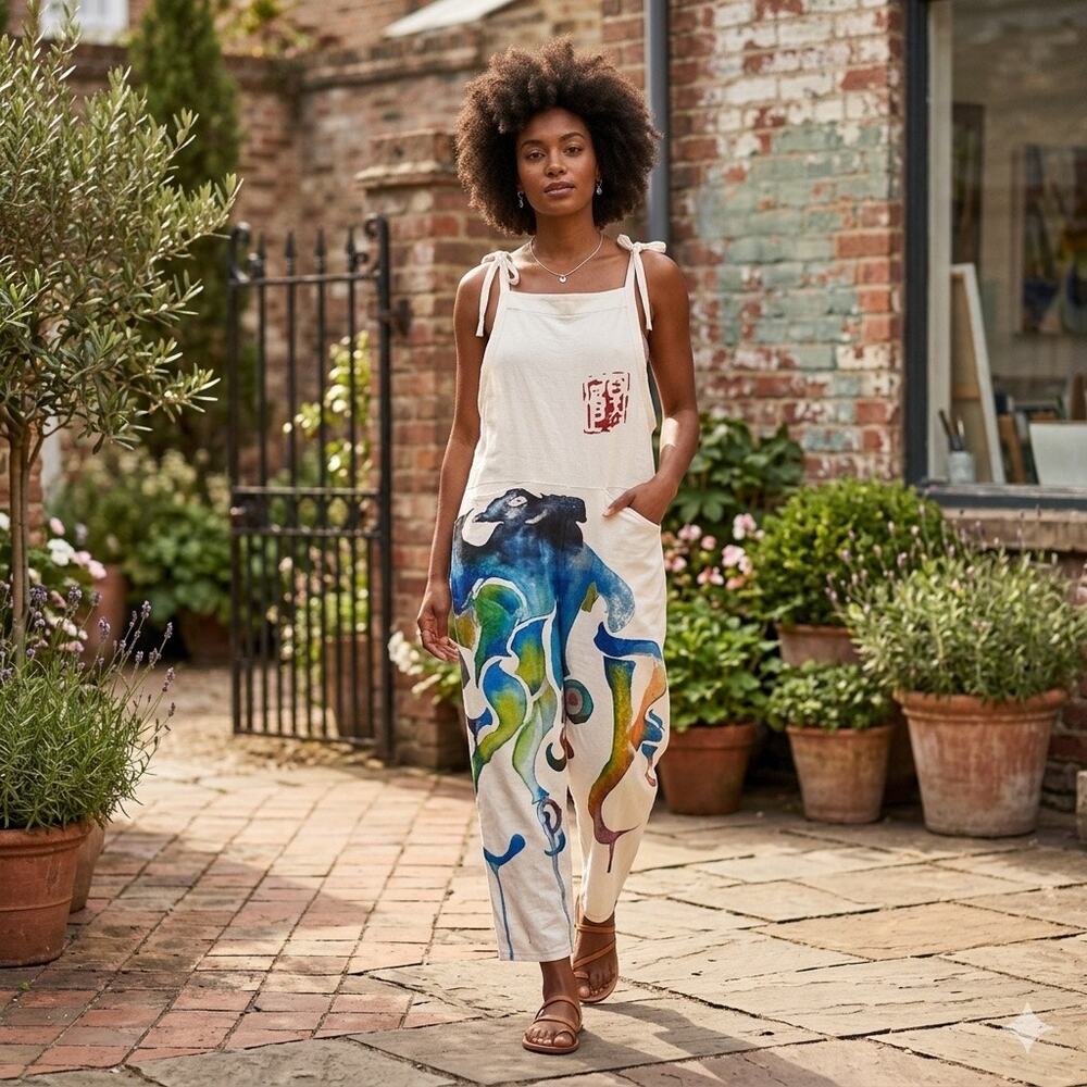Artistic Abstract Print Bib Overalls - Size Medium